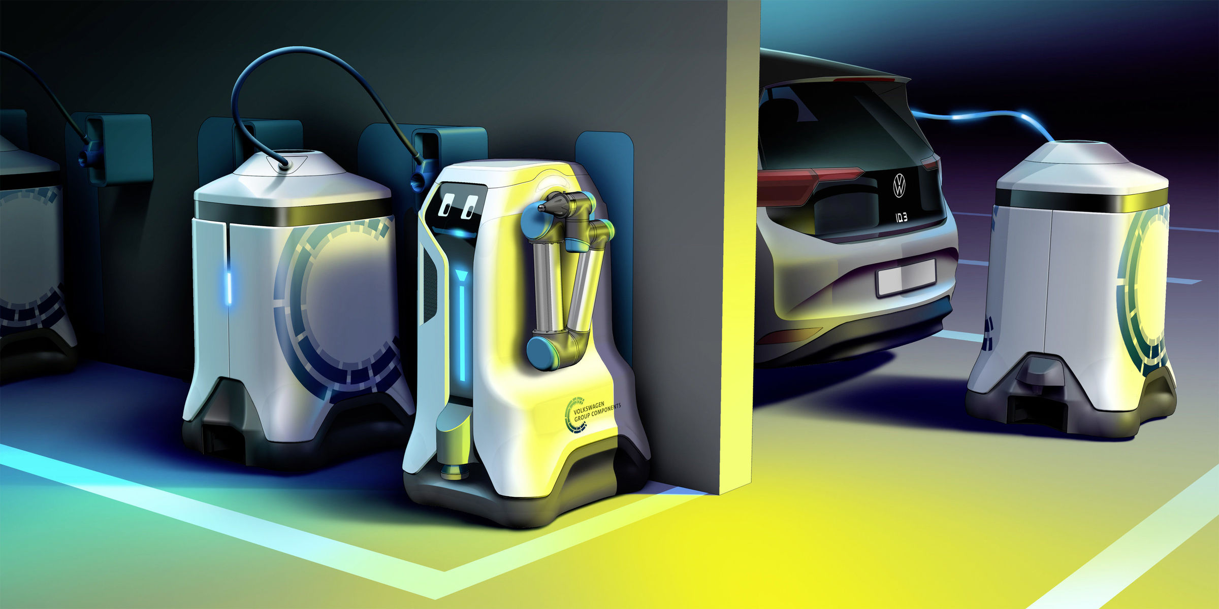Volkswagen autonomous vehicle charging robots concept.